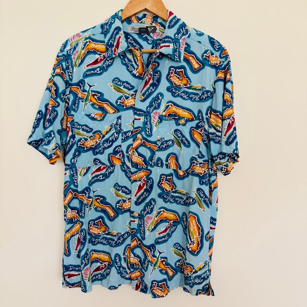 VTG Guess Jeans USA Men Hawaiian Fishing Button Down Shirt Sailfish Baja Florida